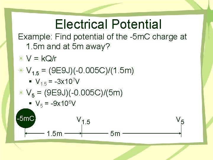 Electrical Potential Example: Find potential of the -5 m. C charge at 1. 5