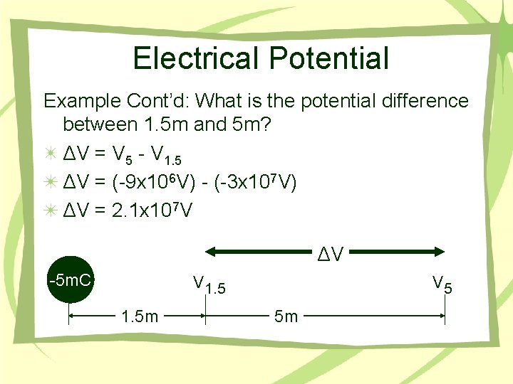 Electrical Potential Example Cont’d: What is the potential difference between 1. 5 m and