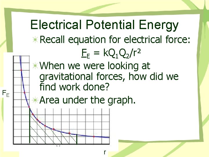 Electrical Potential Energy FE Recall equation for electrical force: FE = k. Q 1