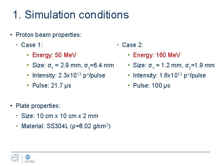 1. Simulation conditions • Proton beam properties: • Case 1: • Case 2: •