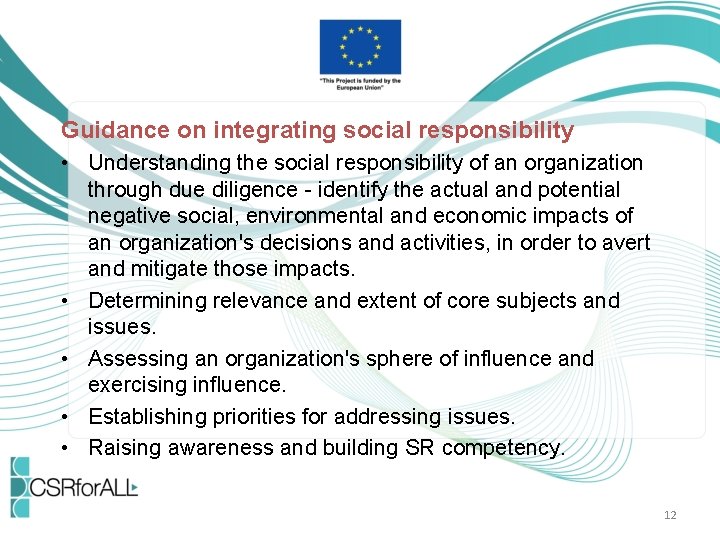 Guidance on integrating social responsibility • Understanding the social responsibility of an organization through