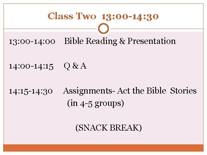 Class Two 13: 00 -14: 30 13: 00 -14: 00 Bible Reading & Presentation