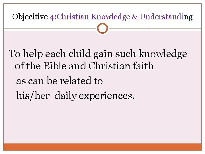 Objecitive 4: Christian Knowledge & Understanding To help each child gain such knowledge of