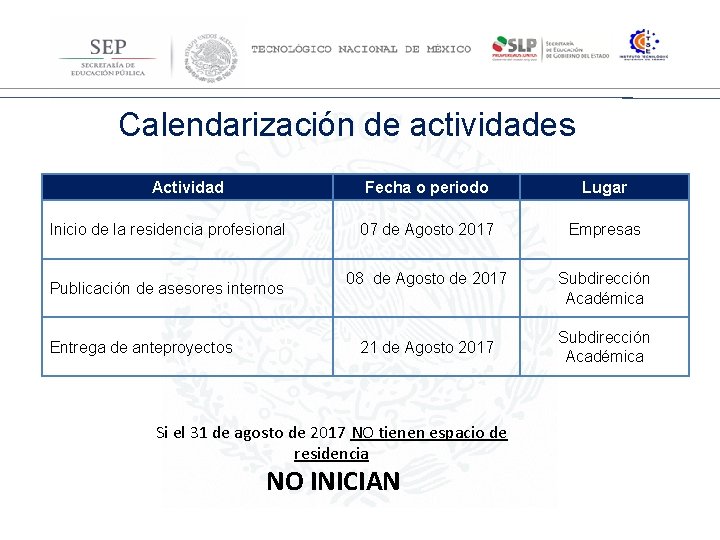 Dirección General de Educación Superior Tecnológica Calendarización de actividades Actividad Inicio de la residencia