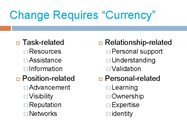 Change Requires “Currency” Task-related � Resources � Personal support � Understanding � Validation �