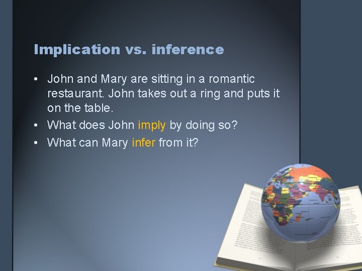 Implication vs. inference • John and Mary are sitting in a romantic restaurant. John