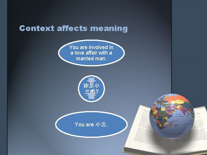 Context affects meaning You are involved in a love affair with a married man.