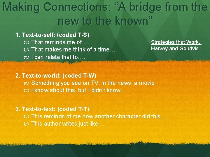 Making Connections: “A bridge from the new to the known” 1. Text-to-self: (coded T-S)