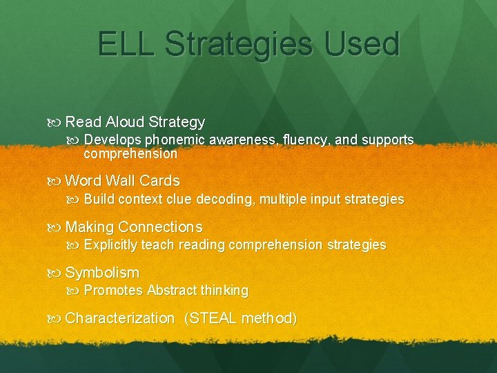 ELL Strategies Used Read Aloud Strategy Develops phonemic awareness, fluency, and supports comprehension Word