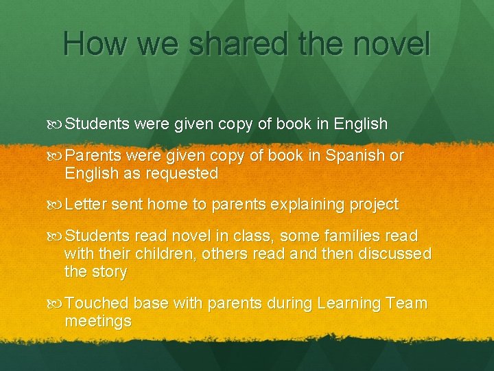 How we shared the novel Students were given copy of book in English Parents