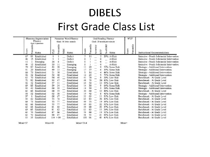 DIBELS First Grade Class List 