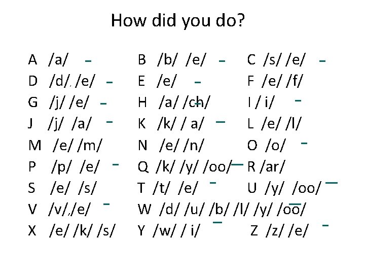 How did you do? A D G J M P S V X /a/