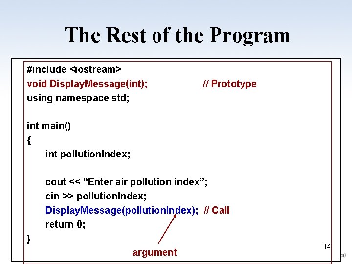 The Rest of the Program #include <iostream> void Display. Message(int); using namespace std; //