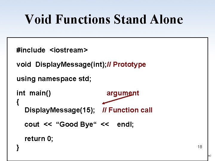 Void Functions Stand Alone #include <iostream> void Display. Message(int); // Prototype using namespace std;