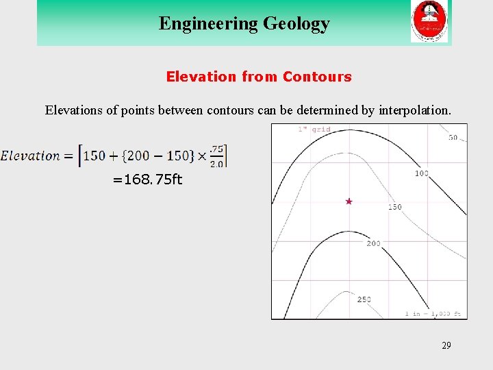 Engineering Geology Earth’s Structure Elevation from Contours Elevations of points between contours can be