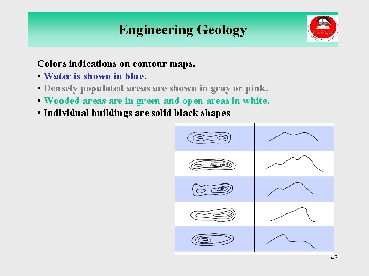 Engineering Geology Colors indications on contour maps. • Water is shown in blue. •