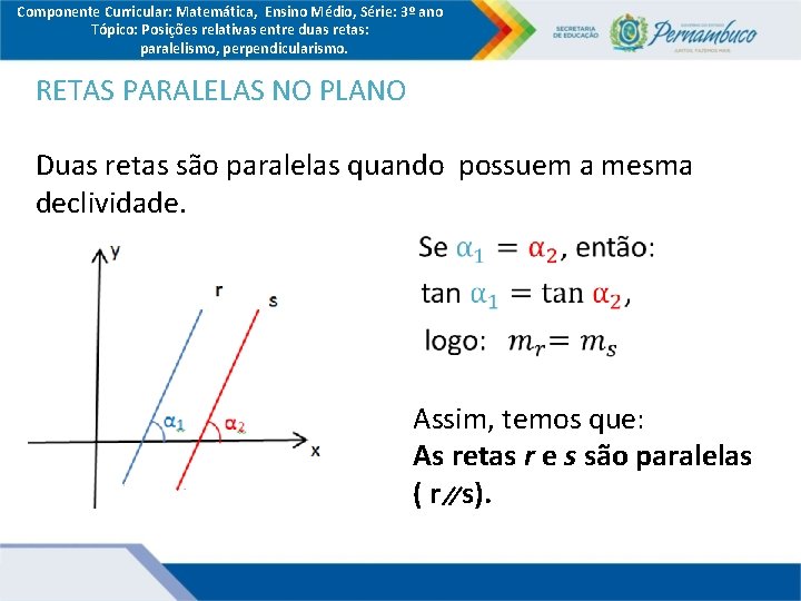 Componente Curricular: Matemática, Ensino Médio, Série: 3º ano Tópico: Posições relativas entre duas retas: