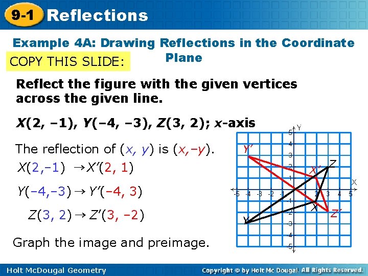 9 -1 Reflections Example 4 A: Drawing Reflections in the Coordinate Plane COPY THIS 9 -1 Reflections Example 4 A: Drawing Reflections in the Coordinate Plane COPY THIS