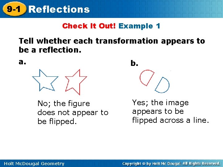 9 -1 Reflections Check It Out! Example 1 Tell whether each transformation appears to