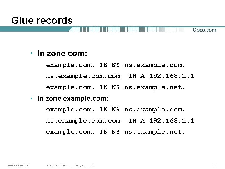 Glue records • In zone com: example. com. IN NS ns. example. com. IN