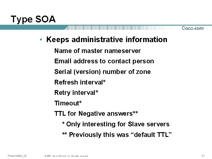 Type SOA • Keeps administrative information Name of master nameserver Email address to contact