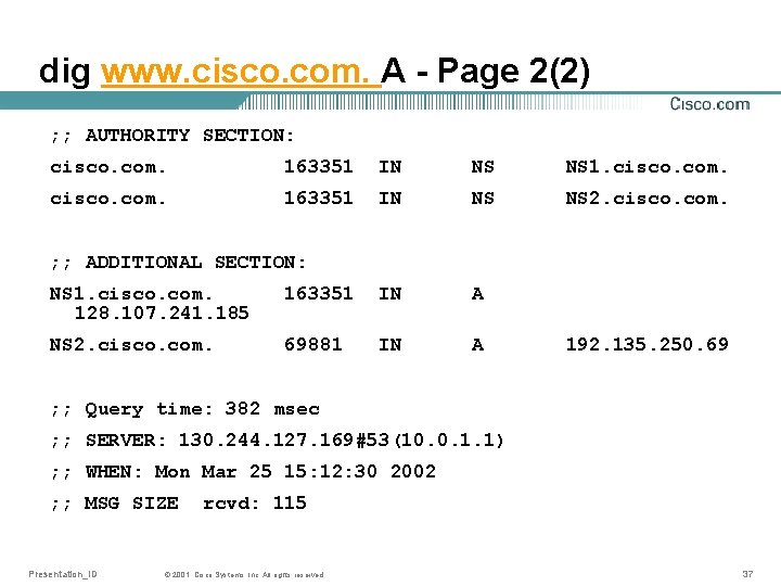 dig www. cisco. com. A - Page 2(2) ; ; AUTHORITY SECTION: cisco. com.