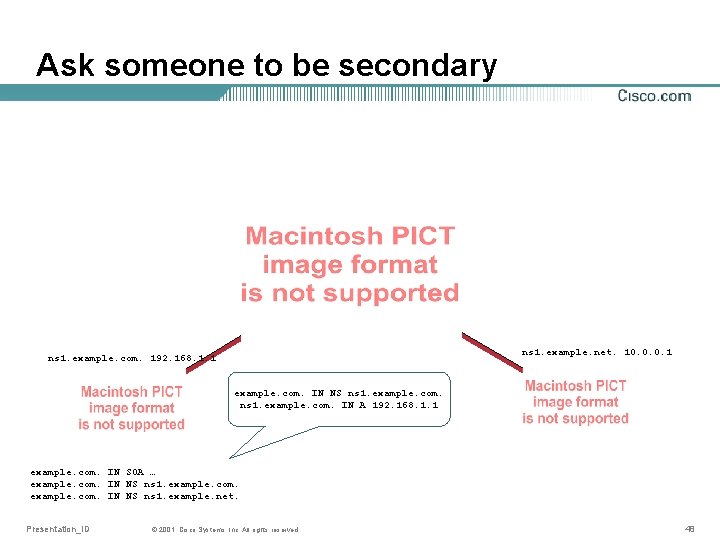 Ask someone to be secondary ns 1. example. net. 10. 0. 0. 1 ns