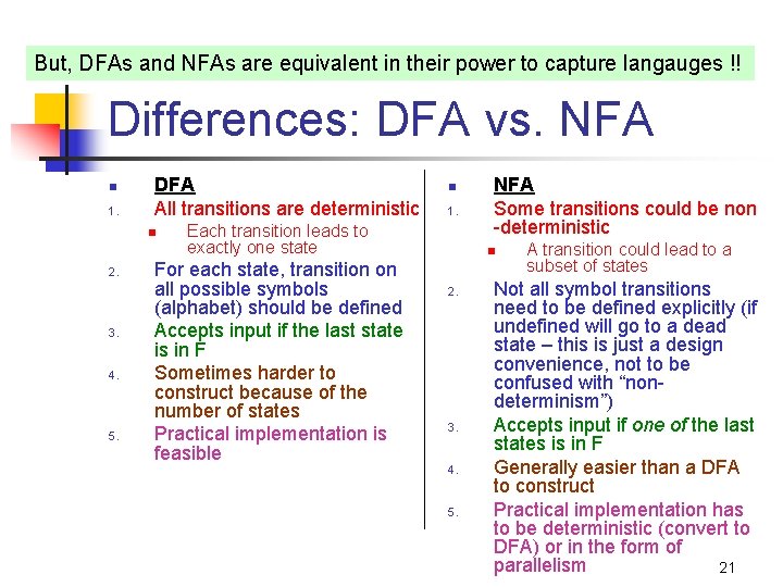 But, DFAs and NFAs are equivalent in their power to capture langauges !! Differences: