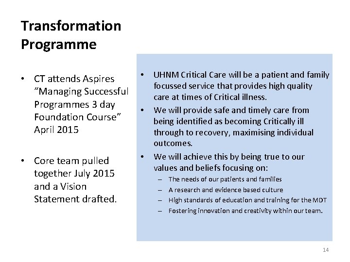 Transformation Programme • UHNM Critical Care will be a patient and family • CT