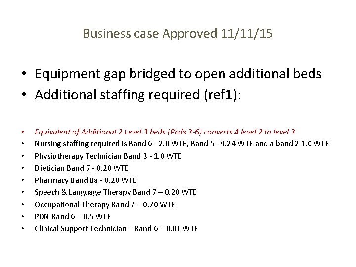 Business case Approved 11/11/15 • Equipment gap bridged to open additional beds • Additional