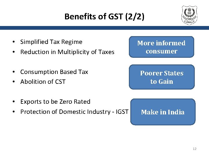 Benefits of GST (2/2) • Simplified Tax Regime • Reduction in Multiplicity of Taxes