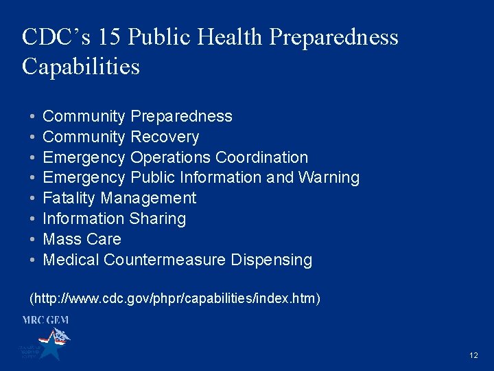 CDC’s 15 Public Health Preparedness Capabilities • • Community Preparedness Community Recovery Emergency Operations