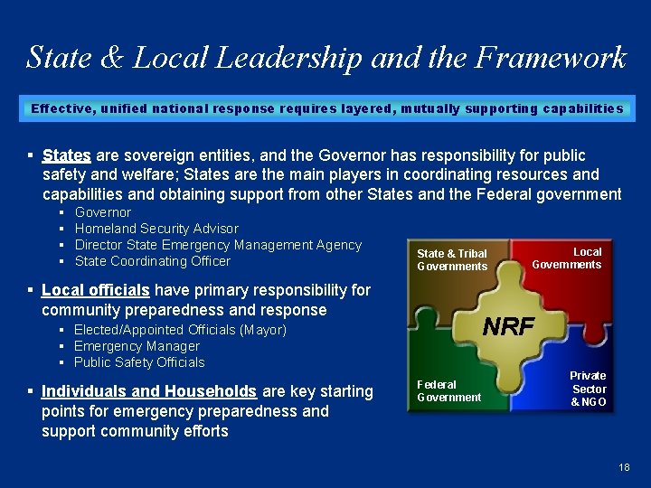 State & Local Leadership and the Framework Effective, unified national response requires layered, mutually