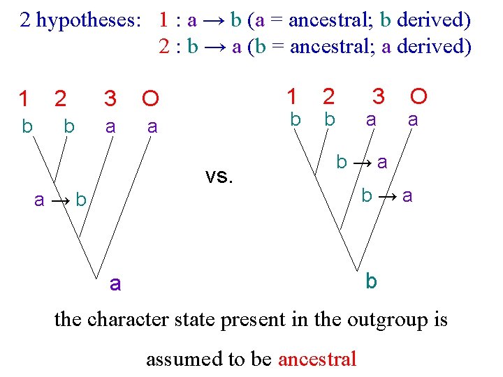 2 hypotheses: 1 : a → b (a = ancestral; b derived) 2 :