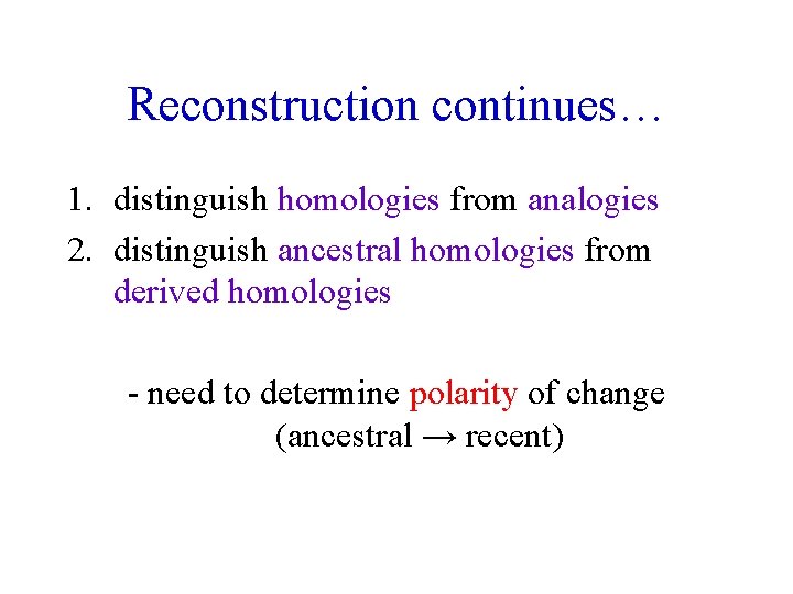 Reconstruction continues… 1. distinguish homologies from analogies 2. distinguish ancestral homologies from derived homologies