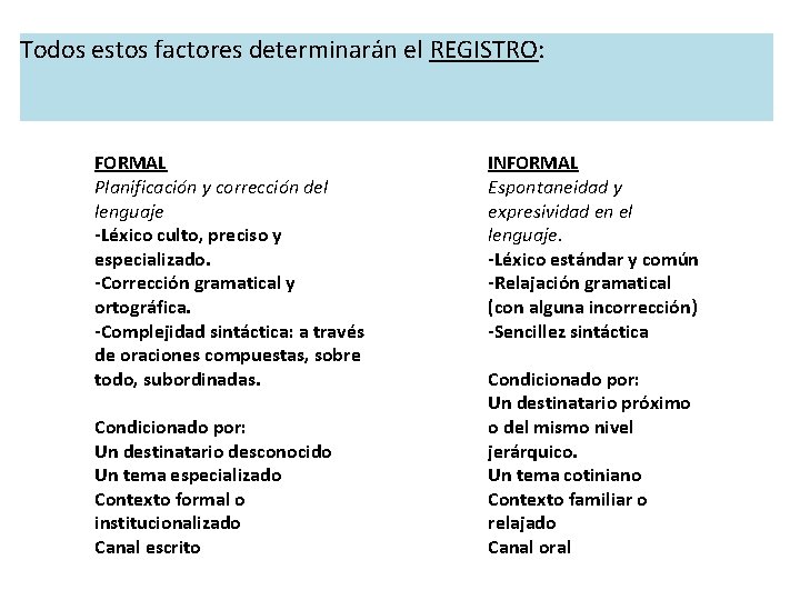 Todos estos factores determinarán el REGISTRO: FORMAL Planificación y corrección del lenguaje -Léxico culto,