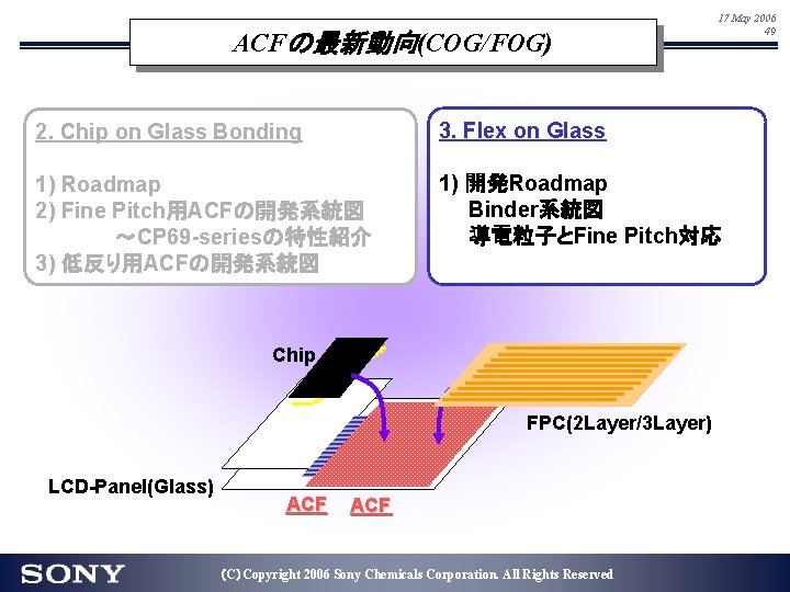 ACFの最新動向(COG/FOG) 17 May 2006 49 2. Chip on Glass Bonding 3. Flex on Glass ACFの最新動向(COG/FOG) 17 May 2006 49 2. Chip on Glass Bonding 3. Flex on Glass