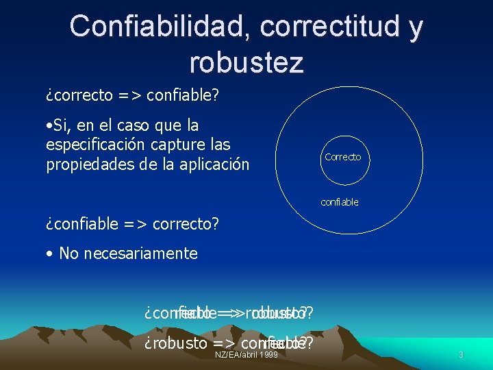 Confiabilidad, correctitud y robustez ¿correcto => confiable? • Si, en el caso que la