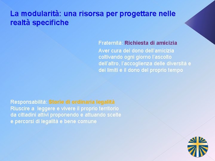 La modularità: una risorsa per progettare nelle realtà specifiche Fraternità: Richiesta di amicizia Aver