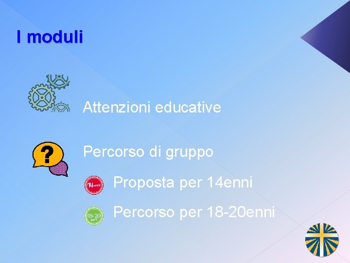 I moduli Attenzioni educative Percorso di gruppo Proposta per 14 enni Percorso per 18