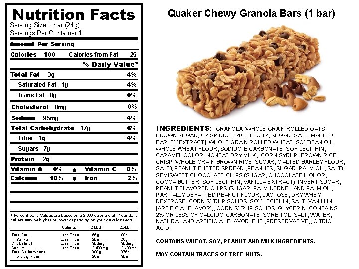 Nutrition Facts Quaker Chewy Granola Bars (1 bar) Serving Size 1 bar (24 g)
