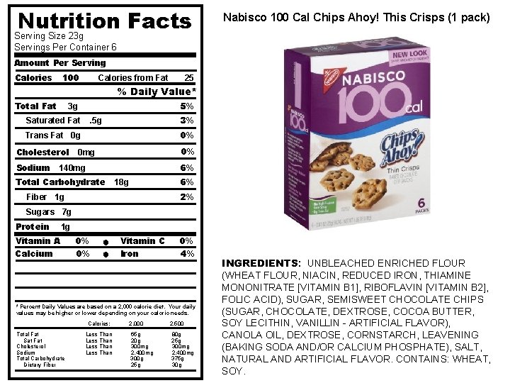 Nutrition Facts Nabisco 100 Cal Chips Ahoy! This Crisps (1 pack) Serving Size 23