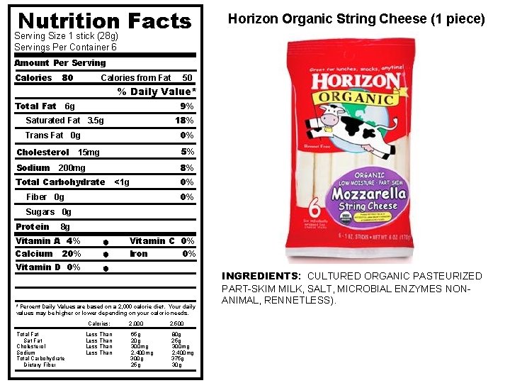 Nutrition Facts Horizon Organic String Cheese (1 piece) Serving Size 1 stick (28 g)