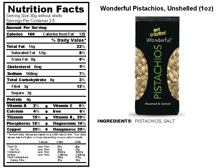 Nutrition Facts Wonderful Pistachios, Unshelled (1 oz) Serving Size 30 g without shells Servings