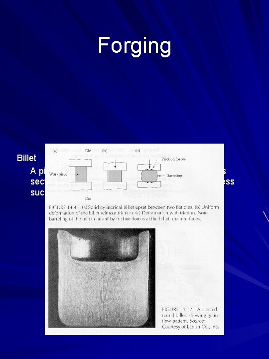 Forging Billet A piece of material with a square or circular cross section; usually