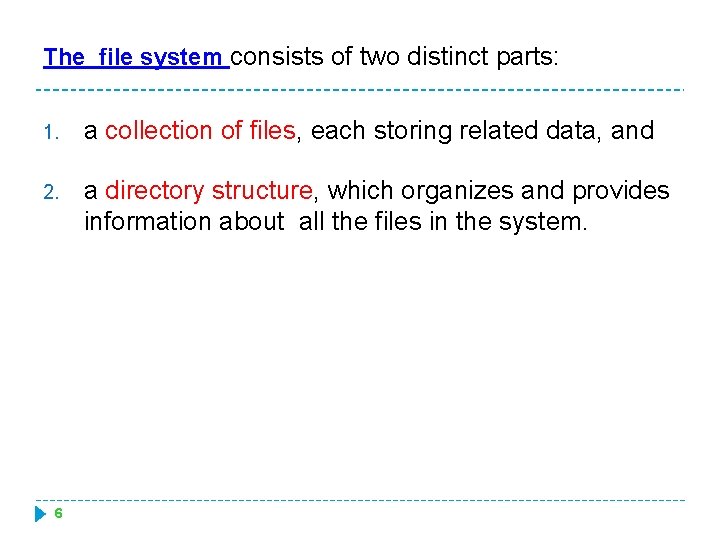 The file system consists of two distinct parts: 1. a collection of files, each