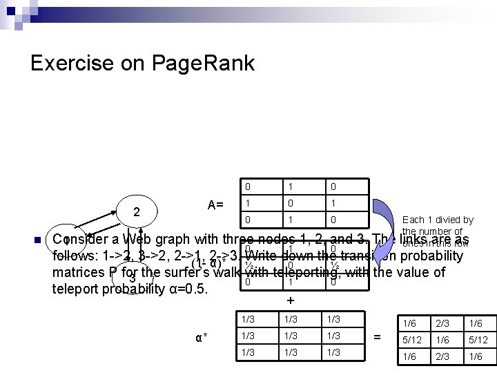 Exercise on Page. Rank A= 2 n 0 1 0 1 0 Each 1