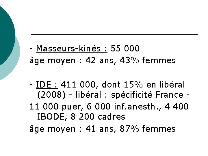 - Masseurs-kinés : 55 000 âge moyen : 42 ans, 43% femmes - IDE