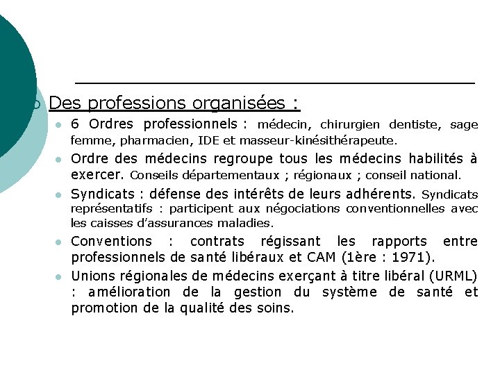 ¡ Des professions organisées : l l l 6 Ordres professionnels : médecin, chirurgien