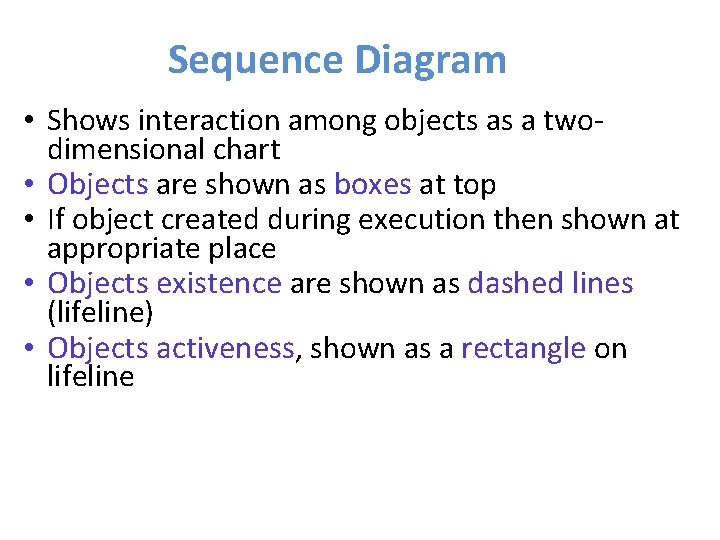 Sequence Diagram • Shows interaction among objects as a twodimensional chart • Objects are